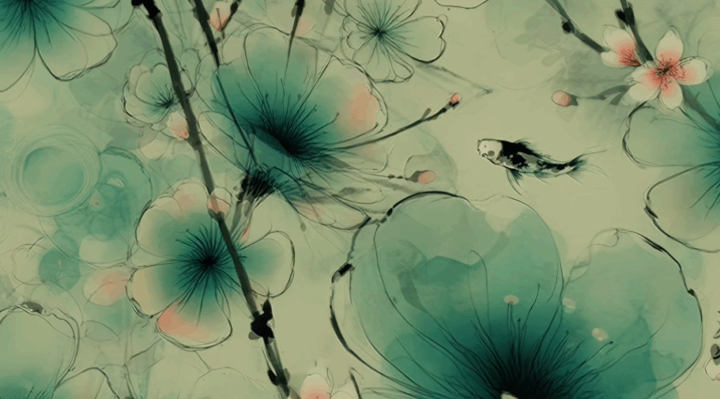 Translucent teal and pink watercolor lotus flowers blooming softly, a visual meditation on presence.